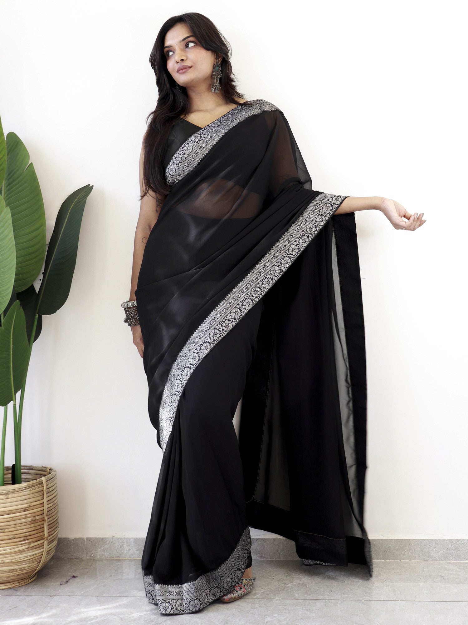 Women's Georgette Black Embellished Ready to Wear with Blouse Piece