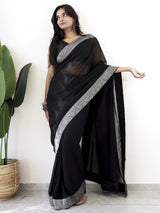 Women's Georgette Black Embellished Ready to Wear with Blouse Piece