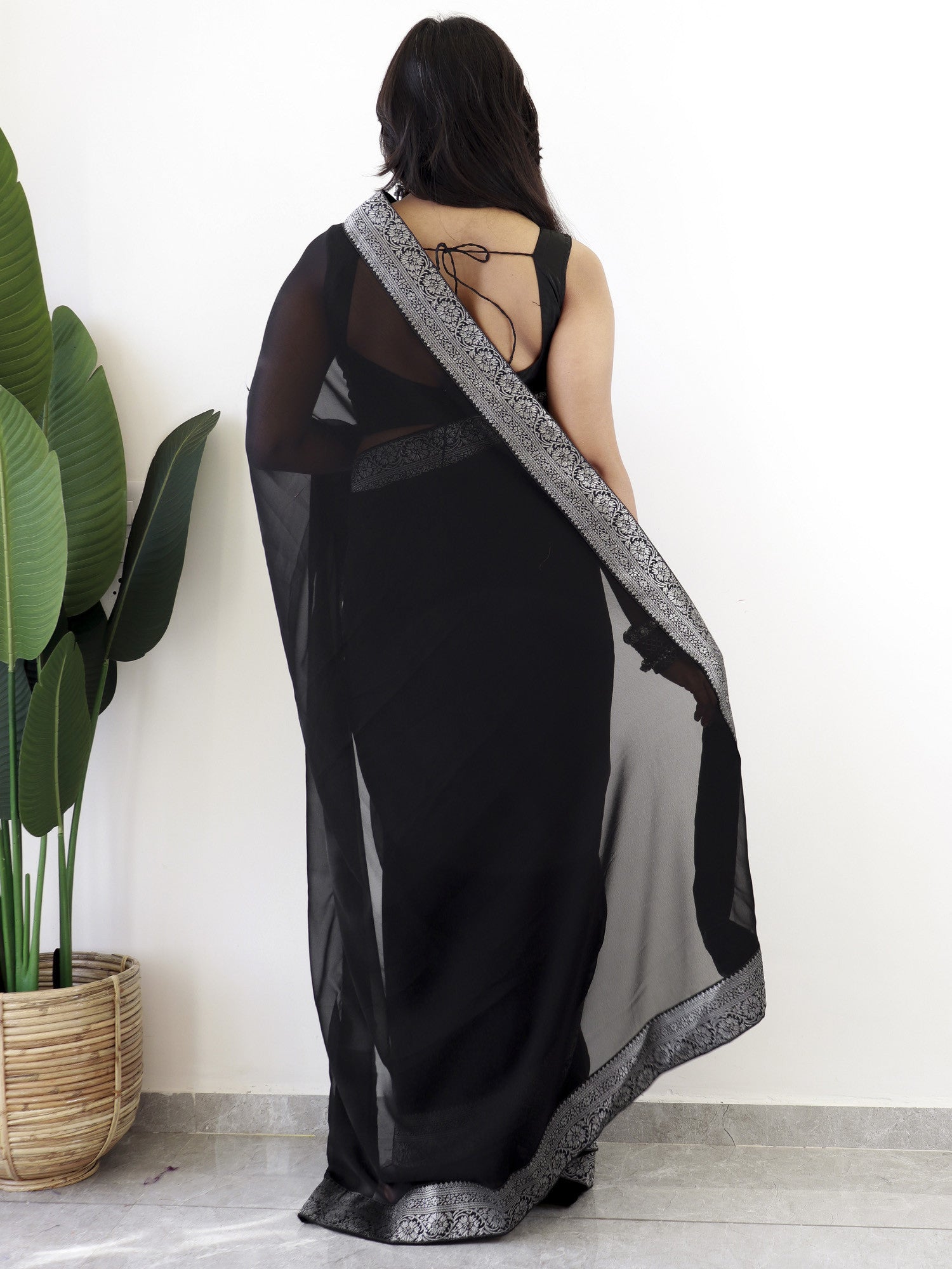 Women's Georgette Black Embellished Ready to Wear with Blouse Piece