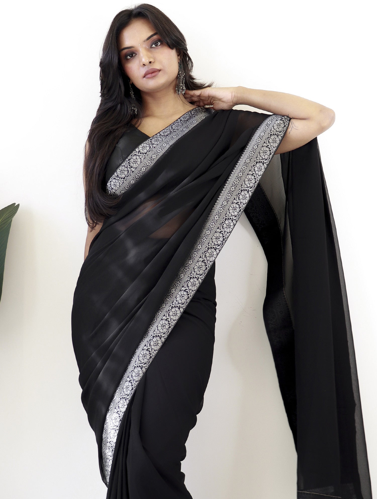 Women's Georgette Black Embellished Ready to Wear with Blouse Piece