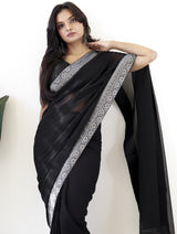 Women's Georgette Black Embellished Ready to Wear with Blouse Piece