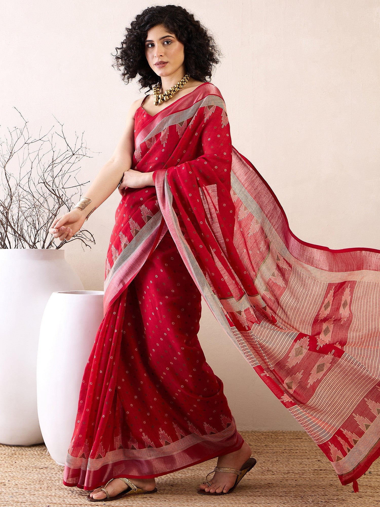 Women's Cotton Linen Red Printed Ready to Wear with Blouse Piece