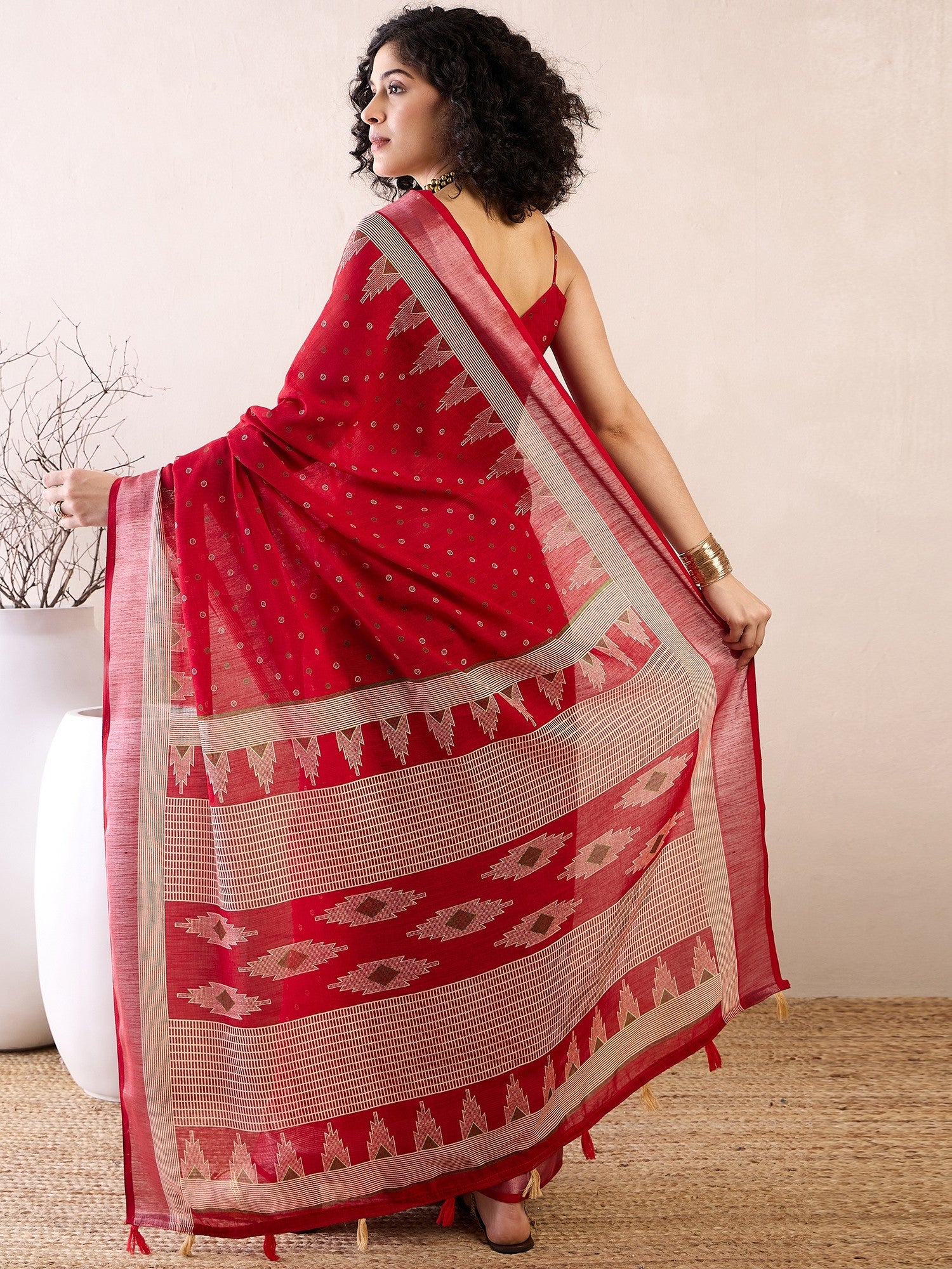Women's Cotton Linen Red Printed Ready to Wear with Blouse Piece