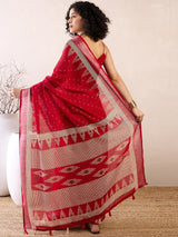 Women's Cotton Linen Red Printed Ready to Wear with Blouse Piece