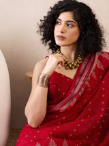 Women's Cotton Linen Red Printed Ready to Wear with Blouse Piece