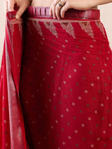 Women's Cotton Linen Red Printed Ready to Wear with Blouse Piece
