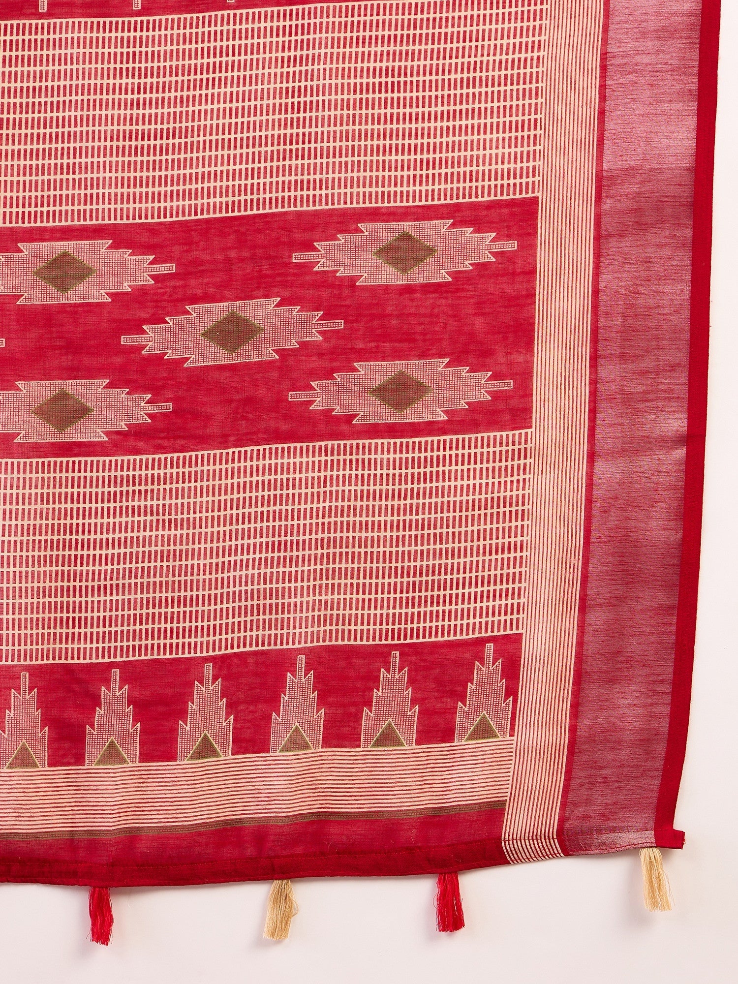 Women's Cotton Linen Red Printed Ready to Wear with Blouse Piece