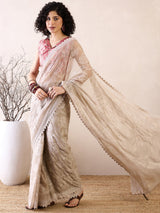 Women's Chiffon White Embellished Ready to Wear with Blouse Piece