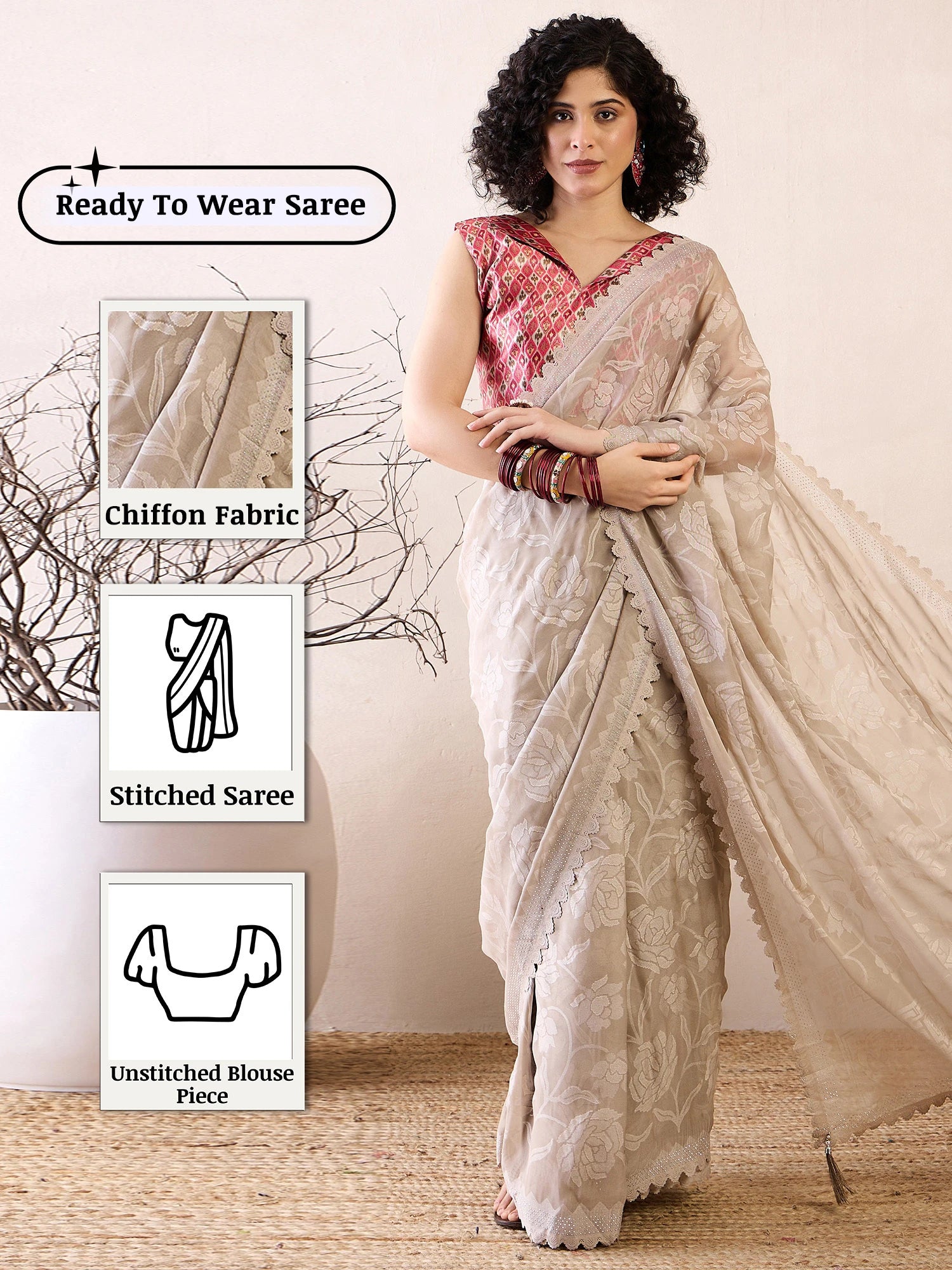 Women's Chiffon White Embellished Ready to Wear with Blouse Piece