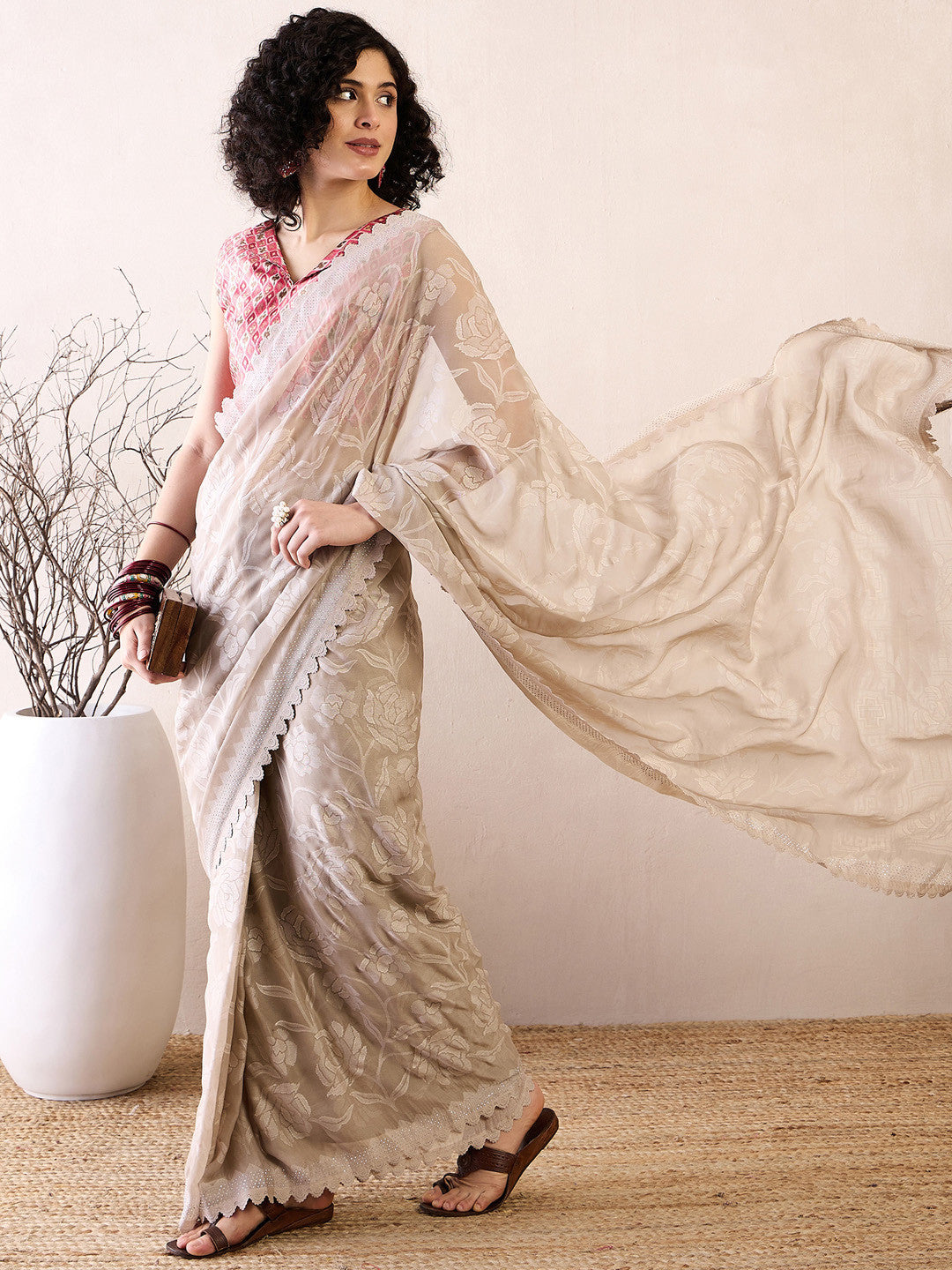 Women's Chiffon White Embellished Ready to Wear with Blouse Piece