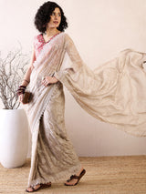 Women's Chiffon White Embellished Ready to Wear with Blouse Piece
