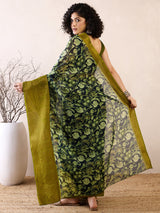 Women's Cotton Blend Teal Blue Printed Ready to Wear Saree with Blouse Piece