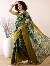Women's Cotton Blend Teal Blue Printed Ready to Wear Saree with Blouse Piece