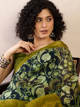 Women's Cotton Blend Teal Blue Printed Ready to Wear Saree with Blouse Piece