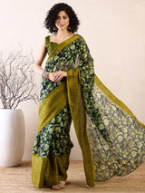Women's Cotton Blend Teal Blue Printed Ready to Wear Saree with Blouse Piece