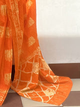 Women's Cotton Orange Printed Designer Saree With Blouse Piece