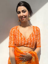 Women's Cotton Orange Printed Designer Saree With Blouse Piece