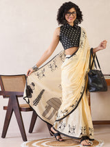 Women's Cotton Yellow Printed Ready to Wear with Blouse Piece