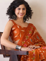 Women's Cotton Orange Printed Ready to Wear with Blouse Piece