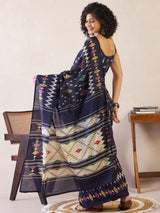 Women's Cotton Navy Blue Printed Ready to Wear Saree with Blouse Piece