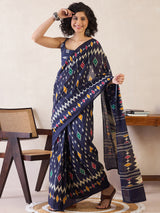 Women's Cotton Navy Blue Printed Ready to Wear Saree with Blouse Piece