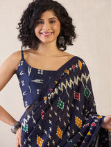 Women's Cotton Navy Blue Printed Ready to Wear Saree with Blouse Piece