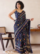 Women's Cotton Navy Blue Printed Ready to Wear Saree with Blouse Piece