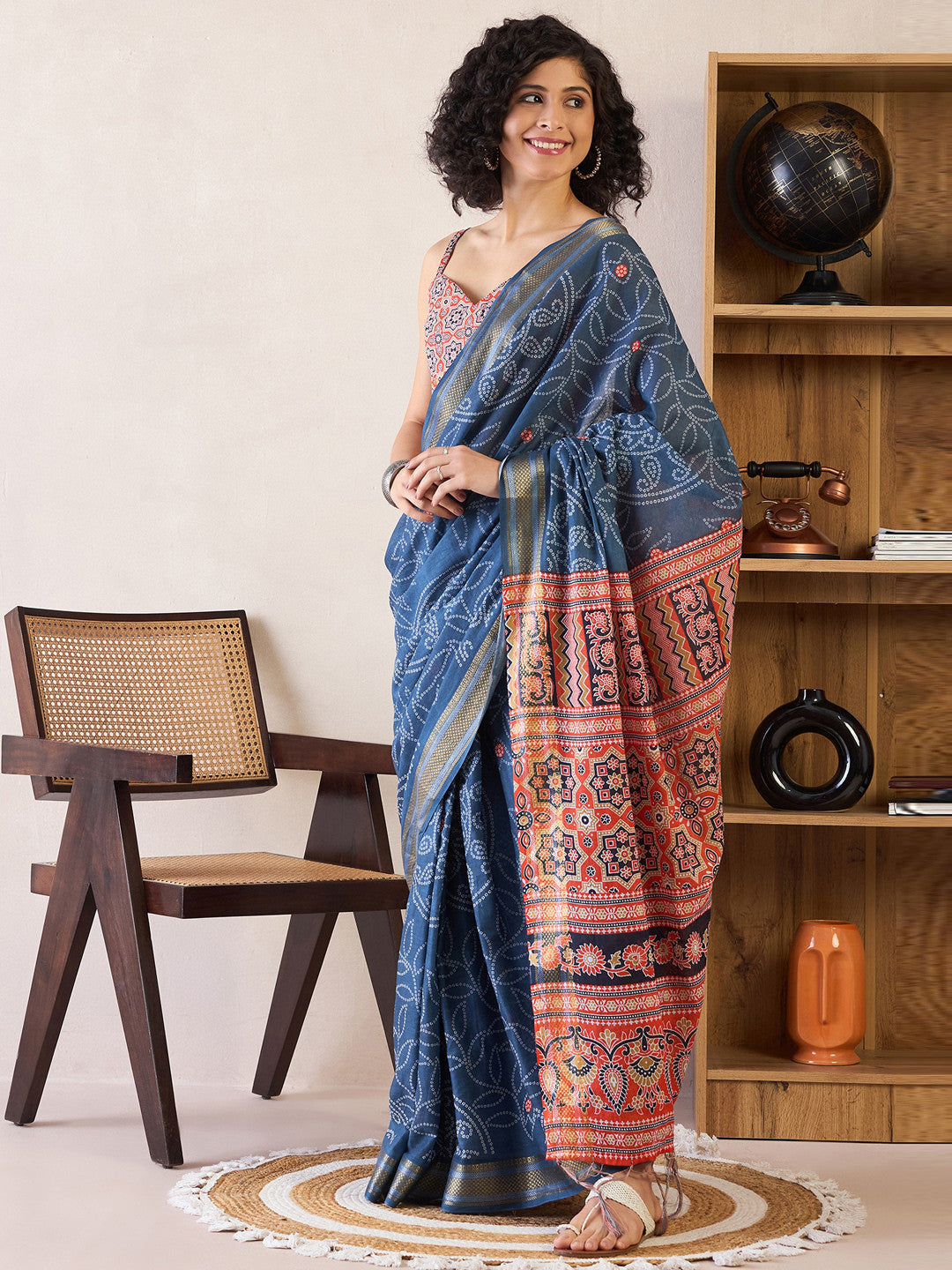 Women's Cotton Navy Printed Ready to Wear with Blouse Piece