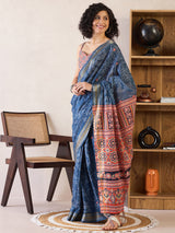 Women's Cotton Navy Printed Ready to Wear with Blouse Piece