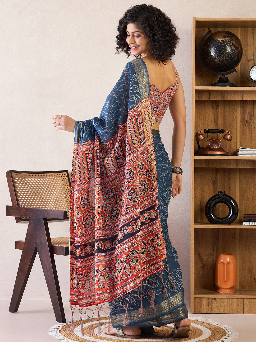Women's Cotton Navy Printed Ready to Wear with Blouse Piece
