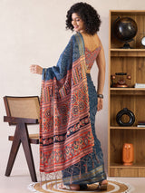 Women's Cotton Navy Printed Ready to Wear with Blouse Piece