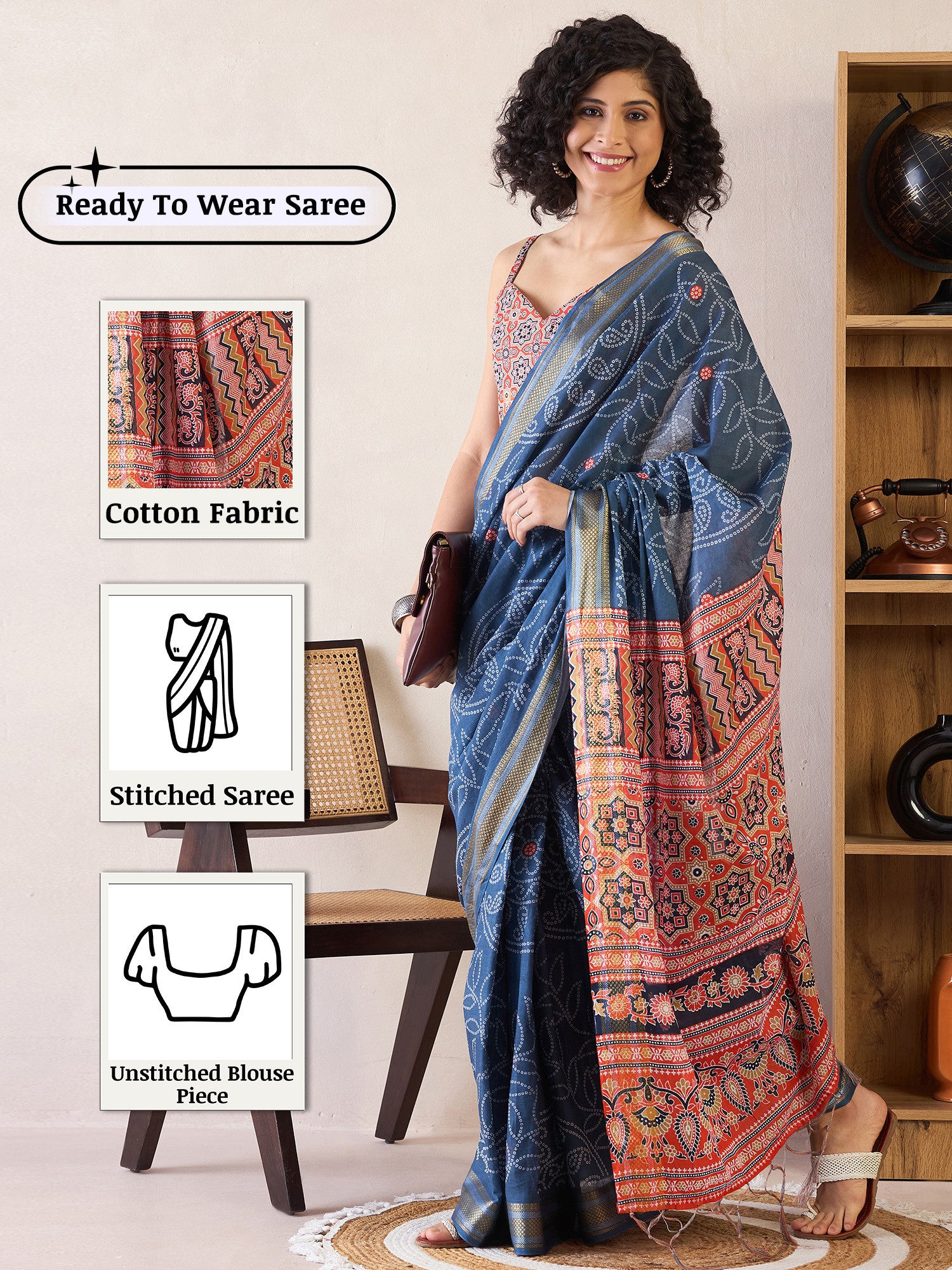 Women's Cotton Navy Printed Ready to Wear with Blouse Piece