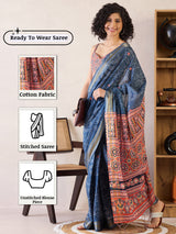 Women's Cotton Navy Printed Ready to Wear with Blouse Piece