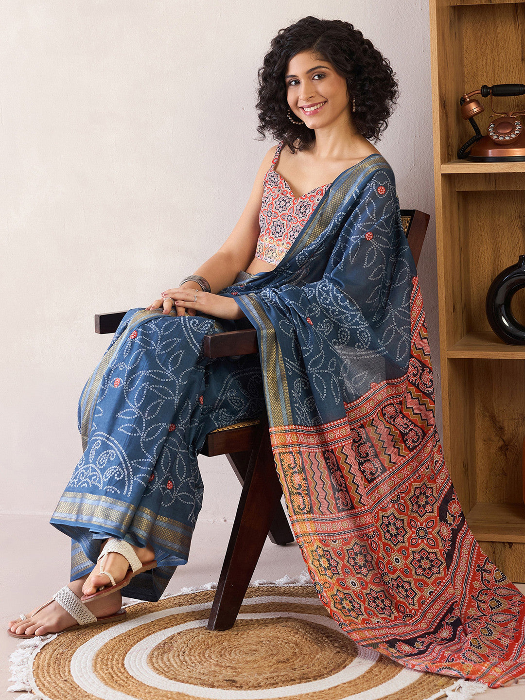 Women's Cotton Navy Printed Ready to Wear with Blouse Piece