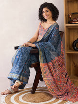 Women's Cotton Navy Printed Ready to Wear with Blouse Piece