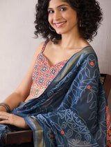 Women's Cotton Navy Printed Ready to Wear with Blouse Piece