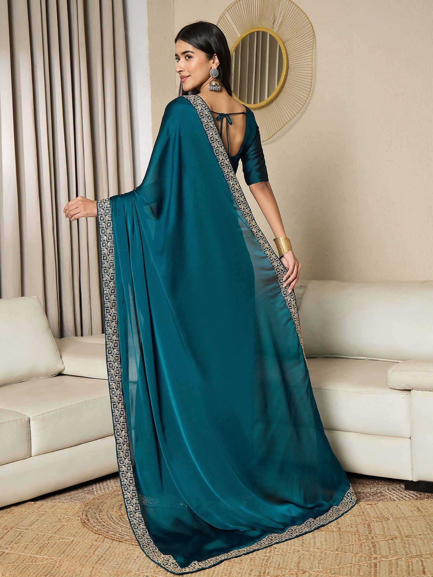 Women's Satin Blue Embellished Ready to Wear with Blouse Piece