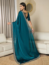 Women's Satin Blue Embellished Ready to Wear with Blouse Piece