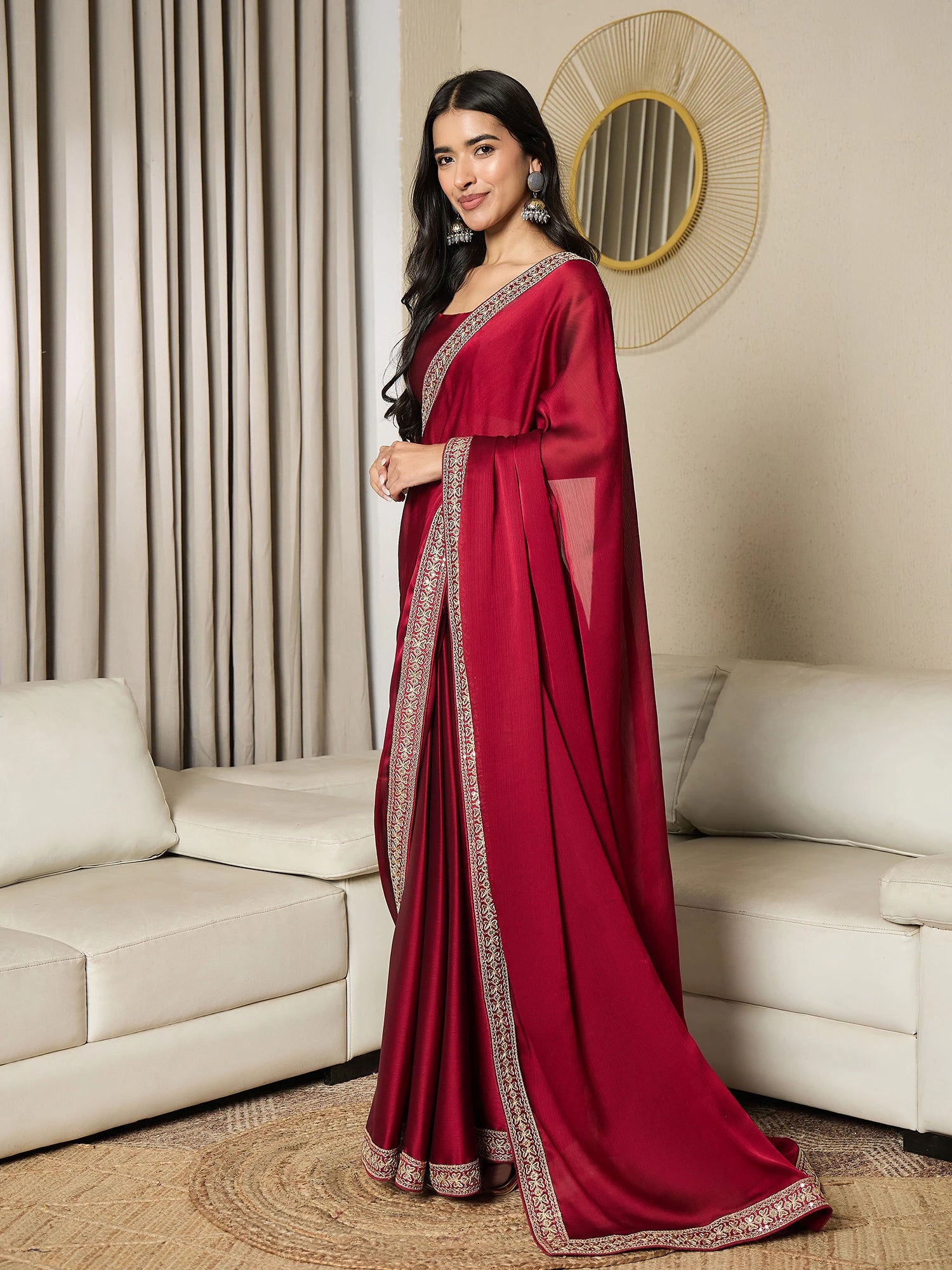 Women's Satin Red Embellished Ready to Wear with Blouse Piece