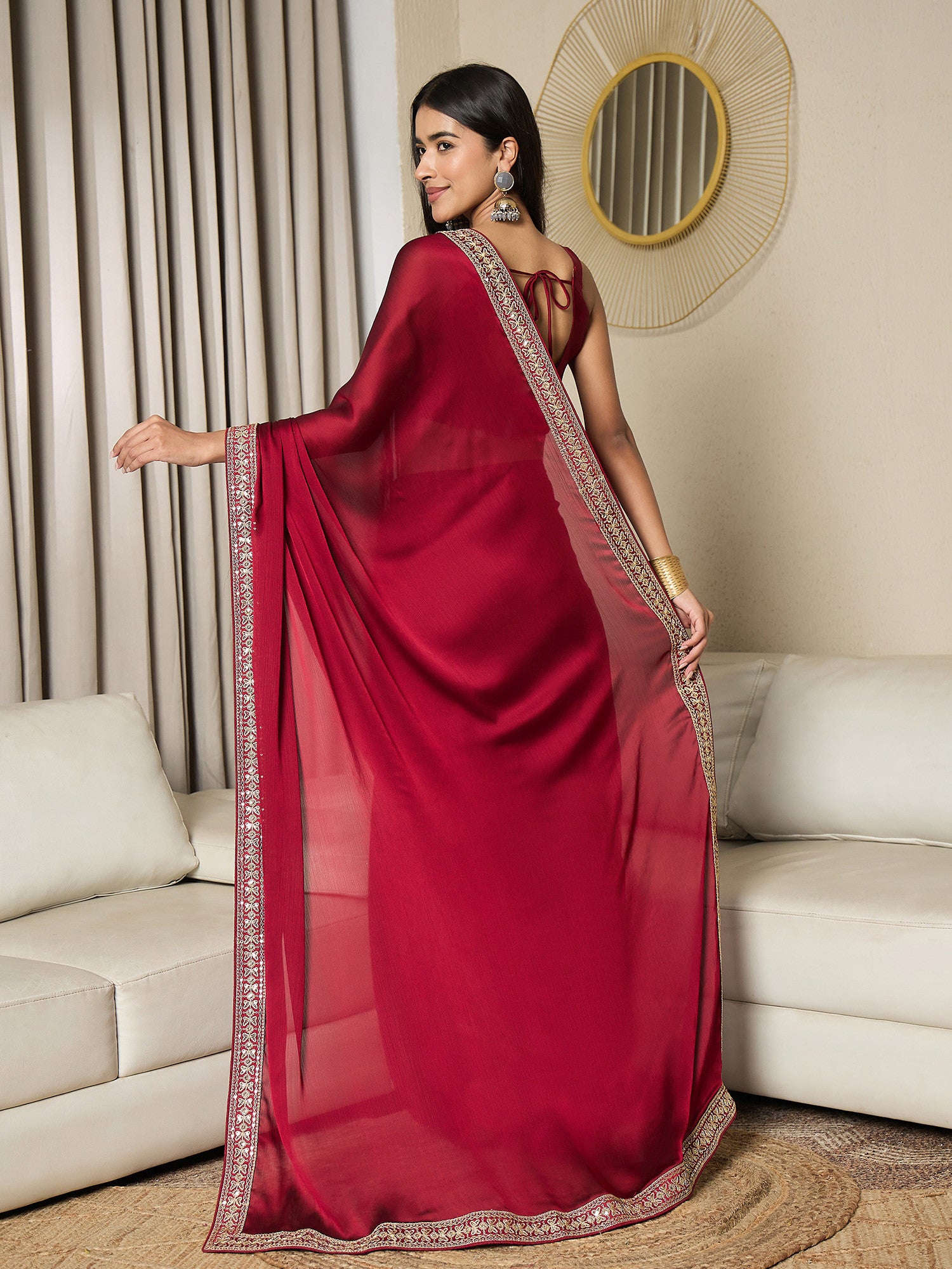 Women's Satin Red Embellished Ready to Wear with Blouse Piece