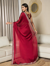 Women's Satin Red Embellished Ready to Wear with Blouse Piece
