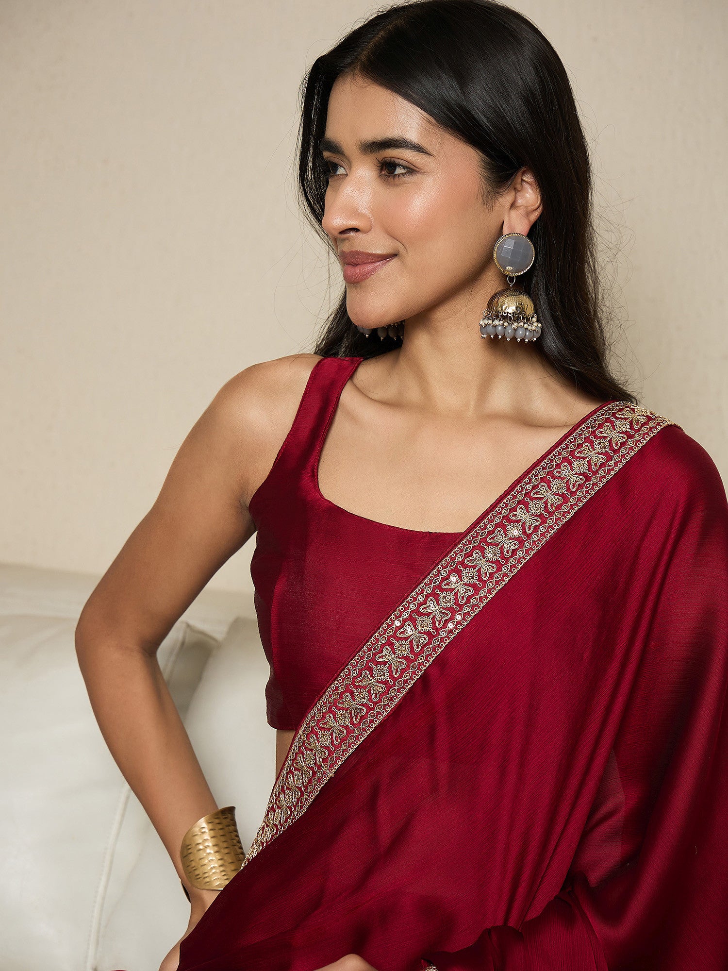 Women's Satin Red Embellished Ready to Wear with Blouse Piece