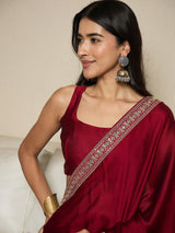 Women's Satin Red Embellished Ready to Wear with Blouse Piece