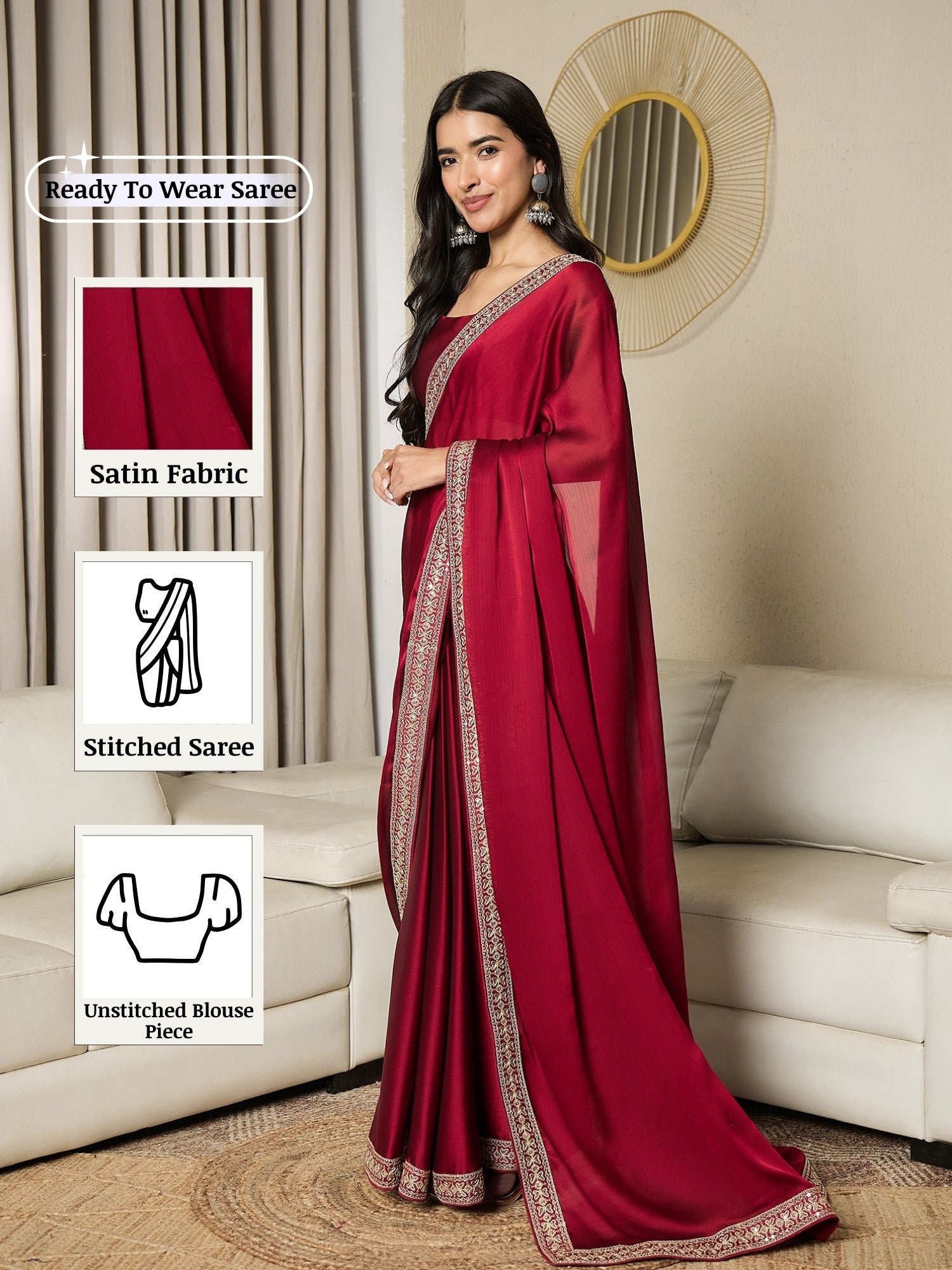 Women's Satin Red Embellished Ready to Wear with Blouse Piece
