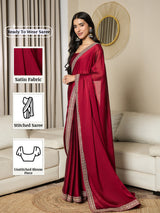Women's Satin Red Embellished Ready to Wear with Blouse Piece