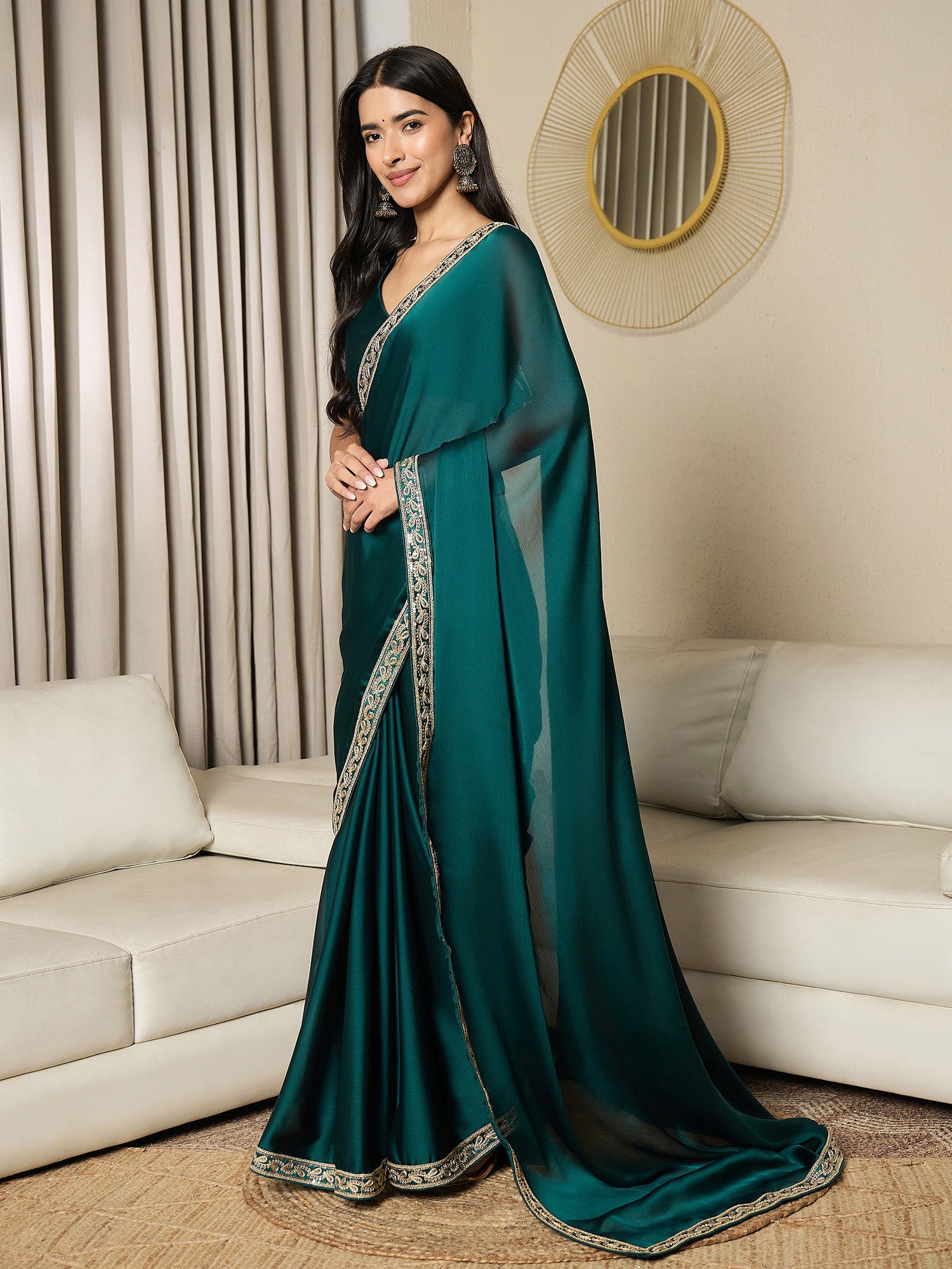 Women's Satin Blue Embellished Ready to Wear with Blouse Piece