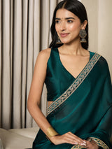 Women's Satin Blue Embellished Ready to Wear with Blouse Piece