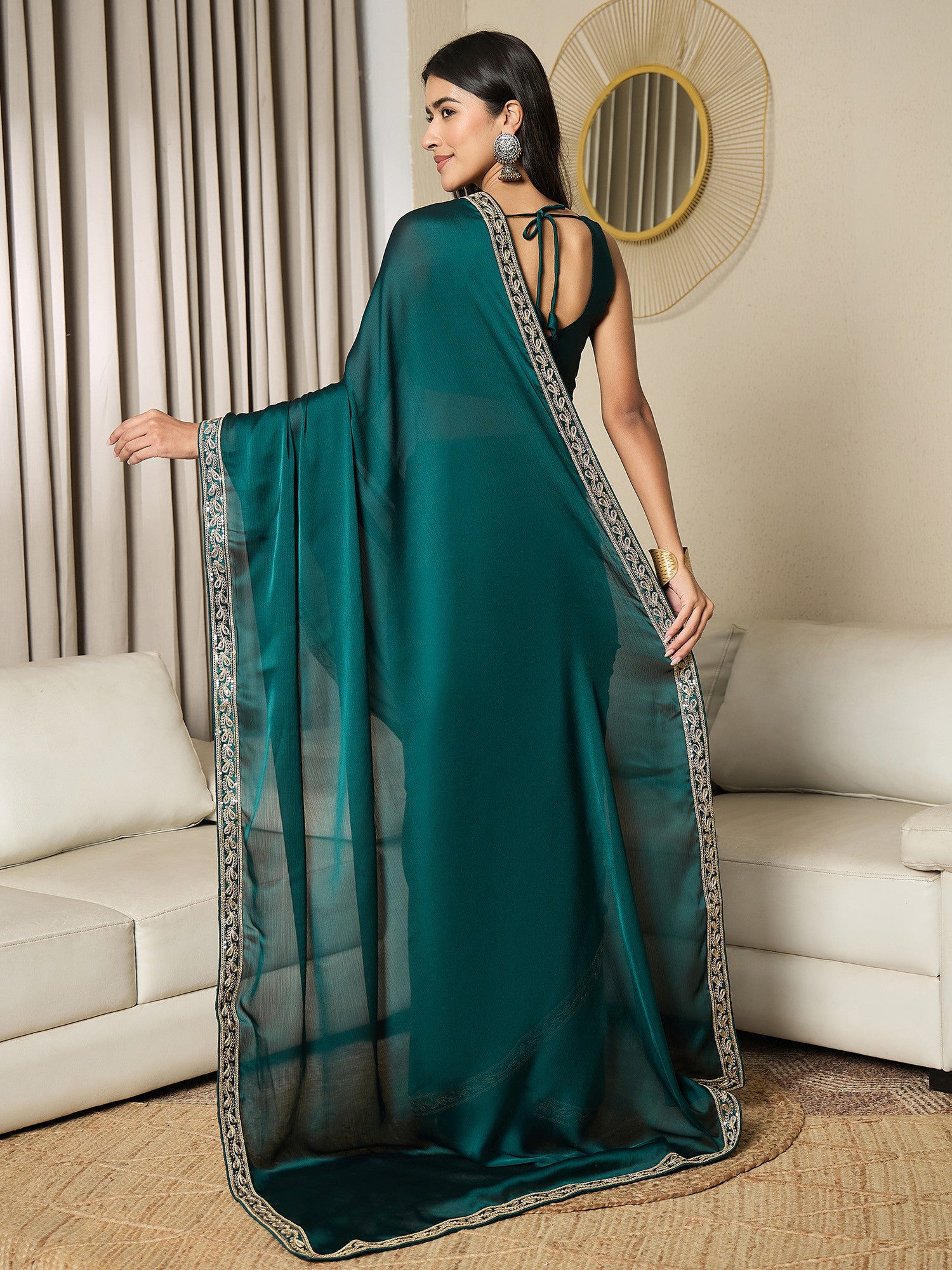 Women's Satin Blue Embellished Ready to Wear with Blouse Piece