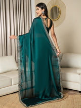 Women's Satin Blue Embellished Ready to Wear with Blouse Piece