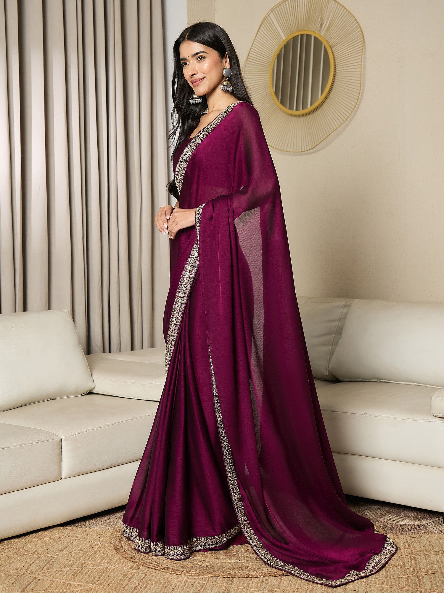 Women's Satin Pink Embellished Ready to Wear with Blouse Piece